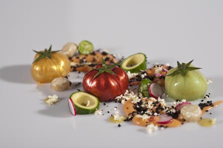 Sobre una porra de Antequerana, Tomates rojos, verdes y amarillos rellenos de remolacha, albahaca y pipirrana, como un huerto de diferentes vegetales (2009)