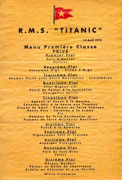 El menú original del Titanic elaborado por August Escoffier. August Escoffier ideó la última cena del Titanic (“La Vanguardia”) 0