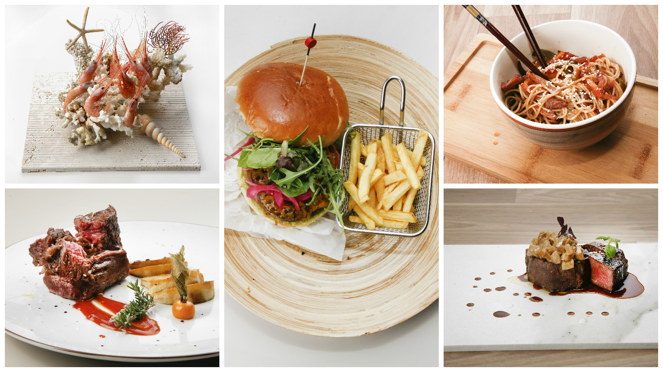 Quisquilla cocida en agua de mar; costilla de vaca con salsa BBQ; hamburguesa de vaca rubia gallega; noodles con salteado de pluma ibe?rica y verduras al wok, y solomillo con boletus. T-Class. Villajoyosa.