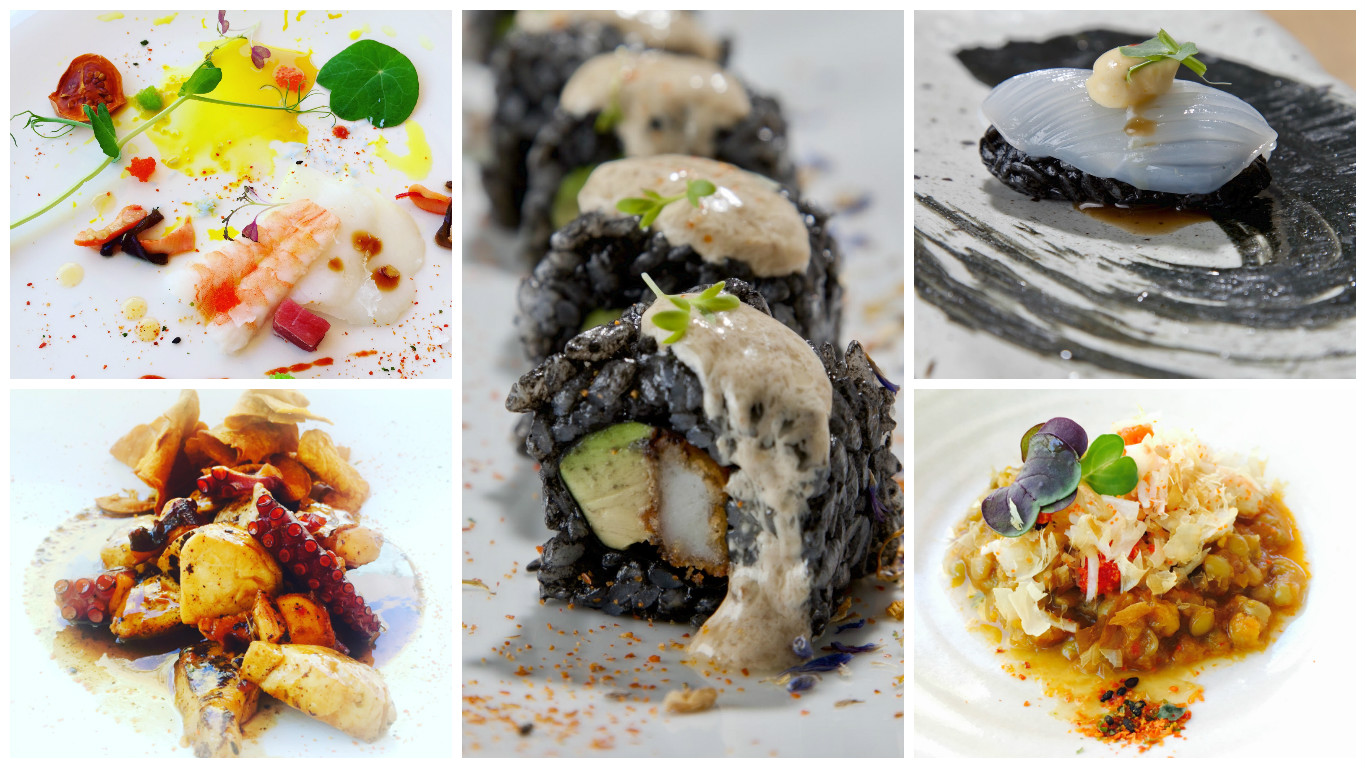 Gamba profundidad, ceviche a la piedra, makis negros, nigiri de arroz negro y lentejas de Lanzarote