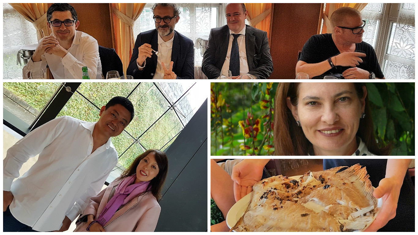 Joxe Mari, Massimo, Bittor y Heston, en Elkano. Narisawa y Akiko, en el Museo Balenciaga. María Fernanda di Giacobbe. El rodaballo de Elkano. Fotos: Xavier Agulló