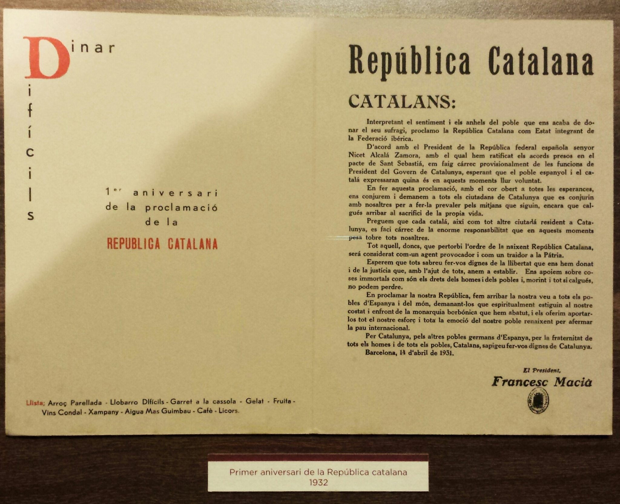 En el I Aniversario de la República Catalana (1932), el listado de platos no resultaba ser protagonista en la minuta. Foto: Carmen Alcaraz del Blanco