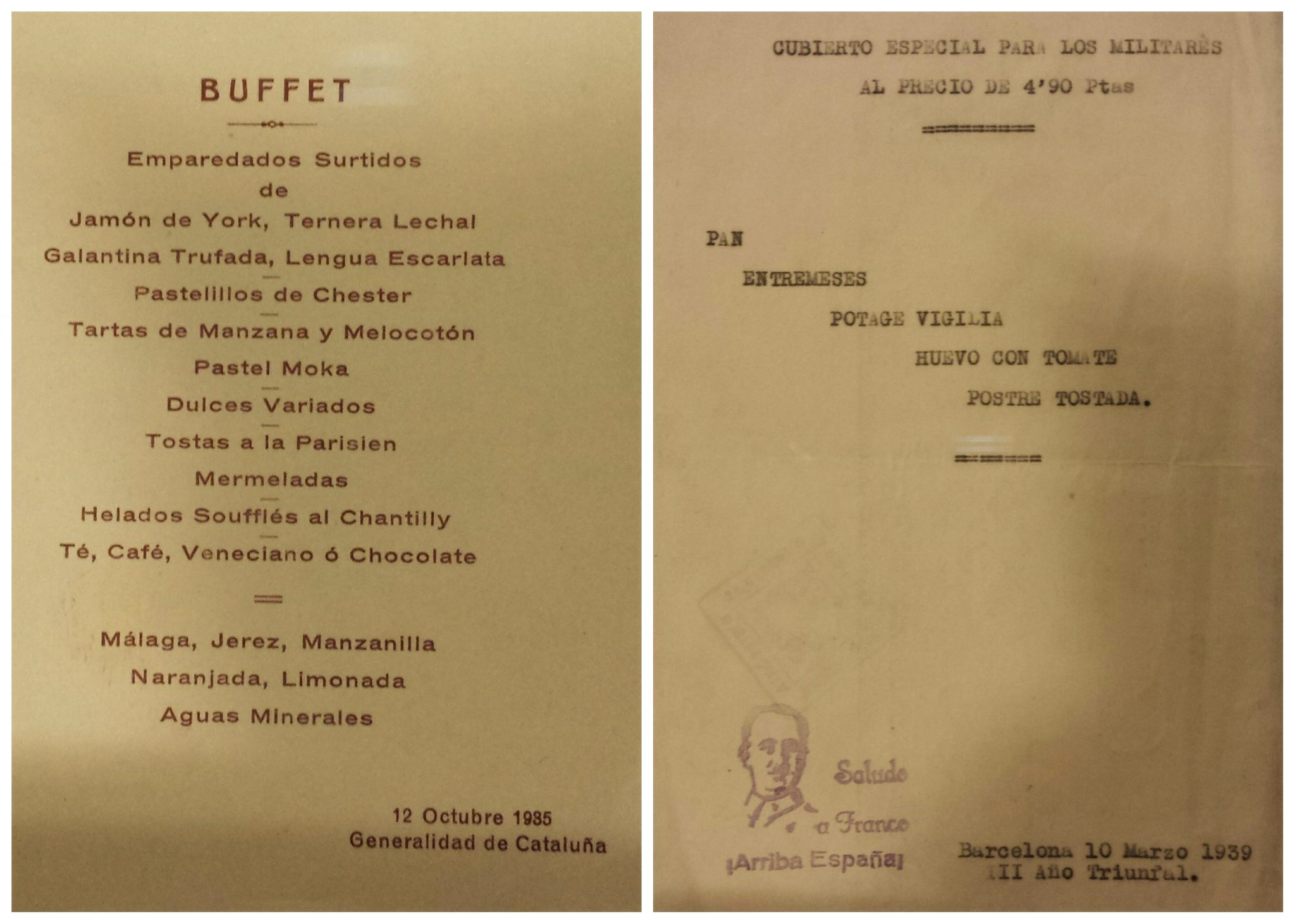 El buffet del Día de la Raza celebrado por la Generalitat de Catalunya en 1935 y un ejemplo de la austeridad y falta de gracia de una carta del ejército franquista en 1939 (III Año Triunfal, sic) Foto: Carmen Alcaraz del Blanco