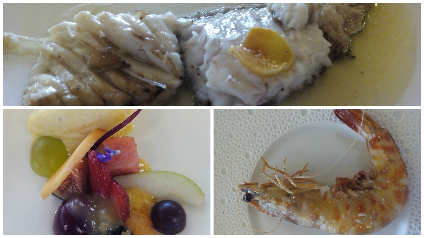 Borriquete a la parrilla, fruta de temporada con sorbete de piña asada y langostino Chipiona. Foto: Pilar Salas