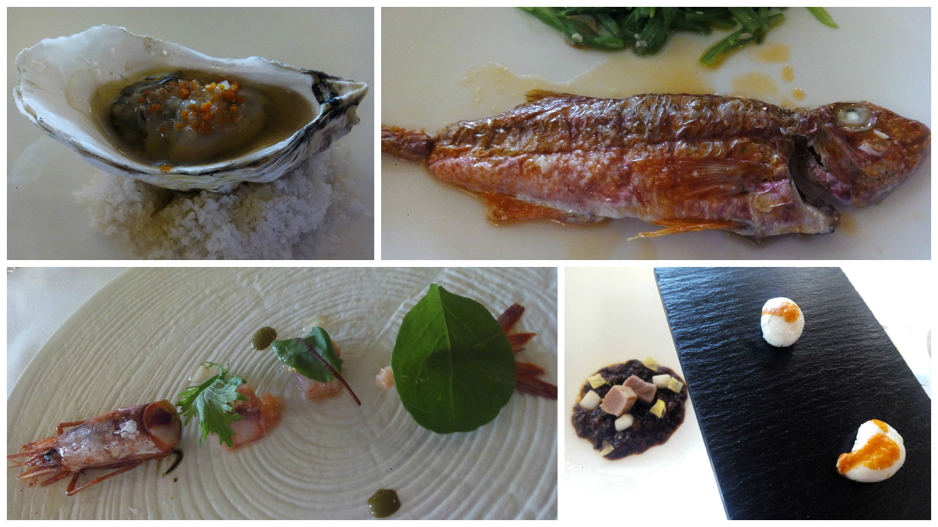 Ostiones de estero a la parrilla en escabeche; salmonete a la parrilla; gambón alistado, amontillado y cabeza a la parrilla, y marmitako de choco y huevas. Foto: Pilar Salas