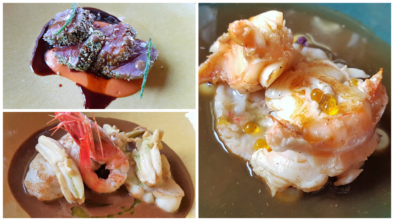 Tataki. Tartare de gamba. Rape, gamba y espardeñas con mar de cava. Mas de Torrent. Torrent. Fotos Xavier Agulló.