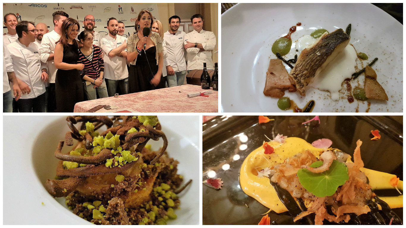 El elenco de la cena. Corvina. Chocolate. Calamar. Art Show Cooking 16. Ciudad Real. Fotos Xavier Agulló.