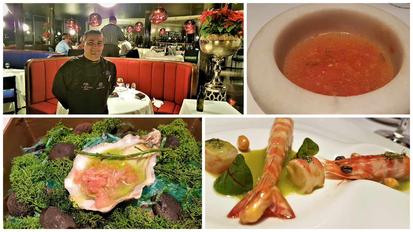 Rubén Cabrera. Gazpacho al momento. Ostra. Langostinos. La Cúpula. Costa Adeje. Tenerife. Fotos: Xavier Agulló.