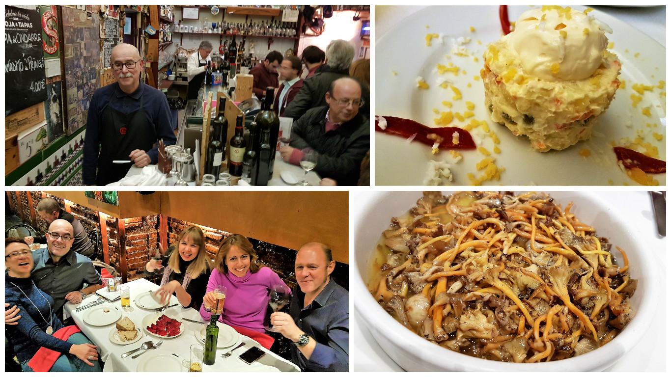 Luis Roldán y la ensaladilla (El Quinto Vino). Elena, Alberto, Cris, Laura e Israel (Asturianos). Madrid. Fotos: Xavier Agulló.