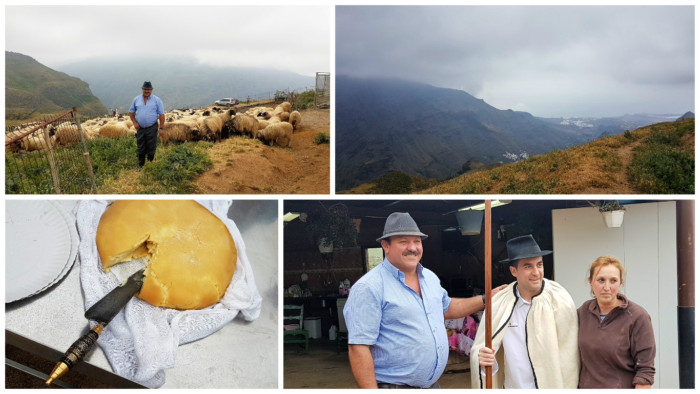 Cristobal con las ovejas. Vistas. Queso flor. Cristóbal, Paolo y Benedicta. Cortijo Caideros. Guía. Gran Canaria. Islas Canarias. Fotos: Xavier Agulló.