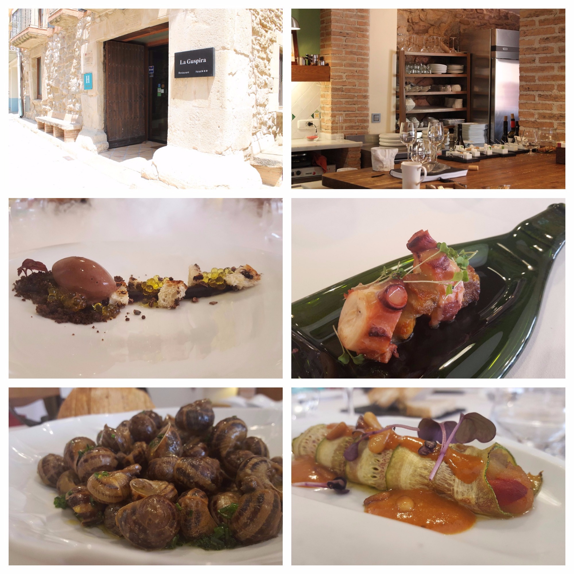 Hotel La Guspira; restaurante La Guspira; Nuestra versión de chocolate, pan, aceite y sal; Mar y montaña de panceta y pulpo roquero; Caracoles, y Cilindro de calabacín y escalivats.