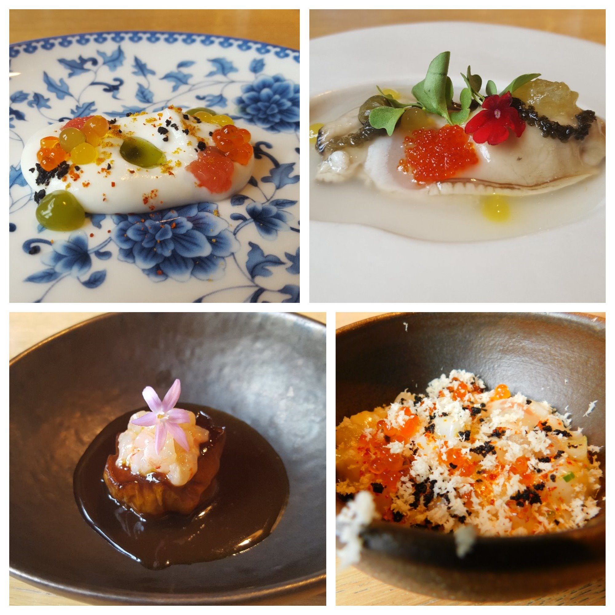 Emulsión de queso carranzano emulsionado con pomelo, aceite de rúcula y manzana; ostra Gallardeau, ginebra y cítricos; berenjena confitada al té rojo y gamba blanca, y begi haundi a modo de risotto. Restaurante Mina. Fotgrafías: Lucía Vaquero