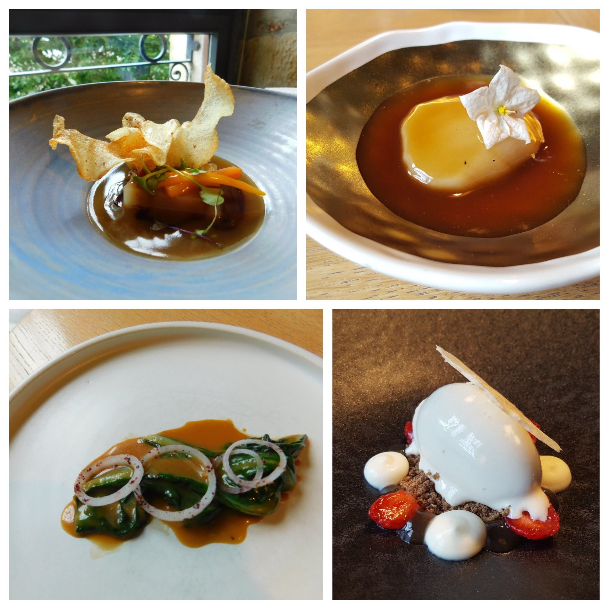 Tuétano con jugo de cocido y patatas con especias; vieira asada con fondo de verduras tostadas; acelga guisada sobre lías de txakoli, y helado de leche de oveja con requesón especiado con garam masala y sabañón de azúcar moscovado. Restaurante Mina. Fotografías: Lucía Vaquero