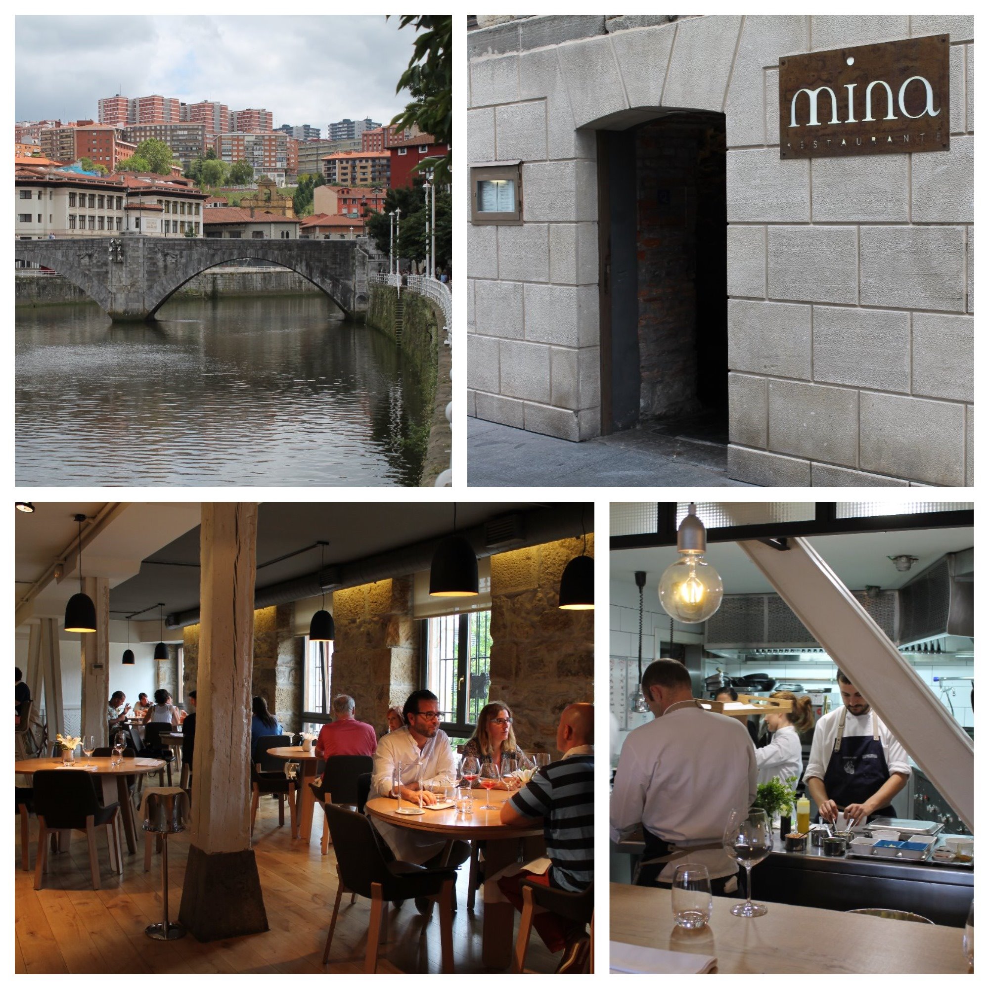 Entorno, puerta, comedor y cocina del restaurante Mina, Bilbao. Fotografías: David Salvador