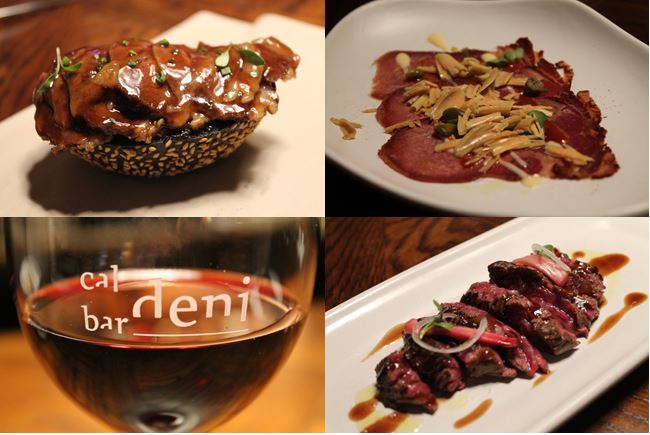 Sandwich fricandó con Philadelphia, carpaccio de lengua curada con foie, copa de vino y onglet con cebolla tierna y salsa priorato. Bardeni
