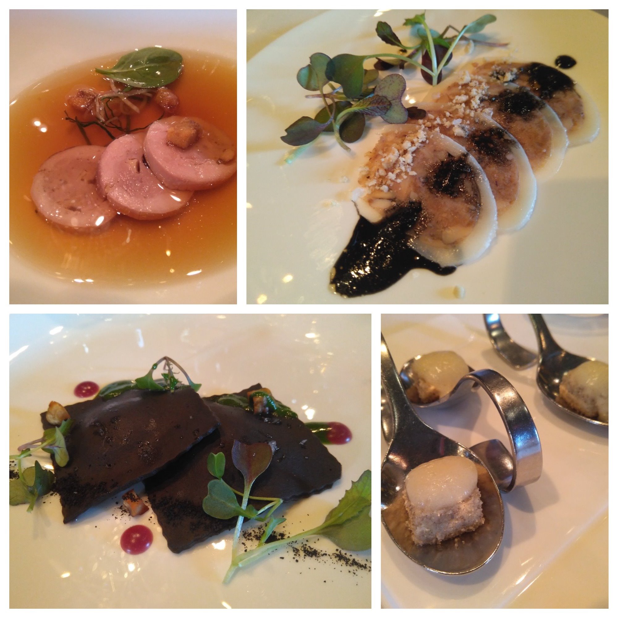Consomé de faisán con setas; calamar con butifarra de perol en escabeche; raviolis de trompetas de la muerte con cremoso de castañas, y gominola de bacalao. Castell Peralada Restaurant