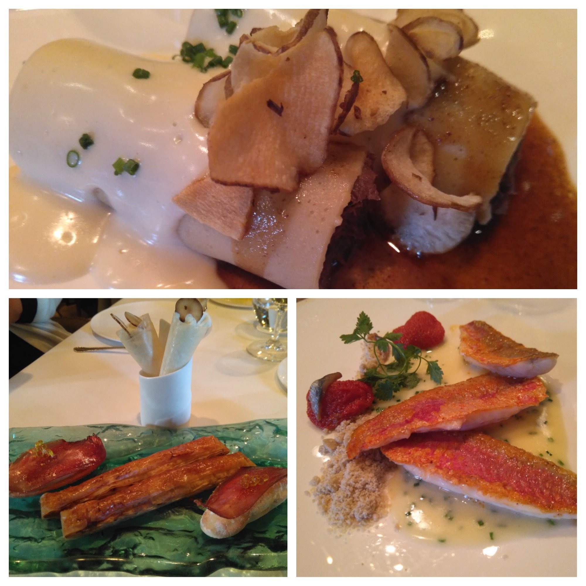 Rollitos de pasta de foie gras con liebre strudel y cacao; cornete de tupinambo y airbag de mojama con cremoso de almendras, y salmonetes con tomates confitados. Castell Peralada
