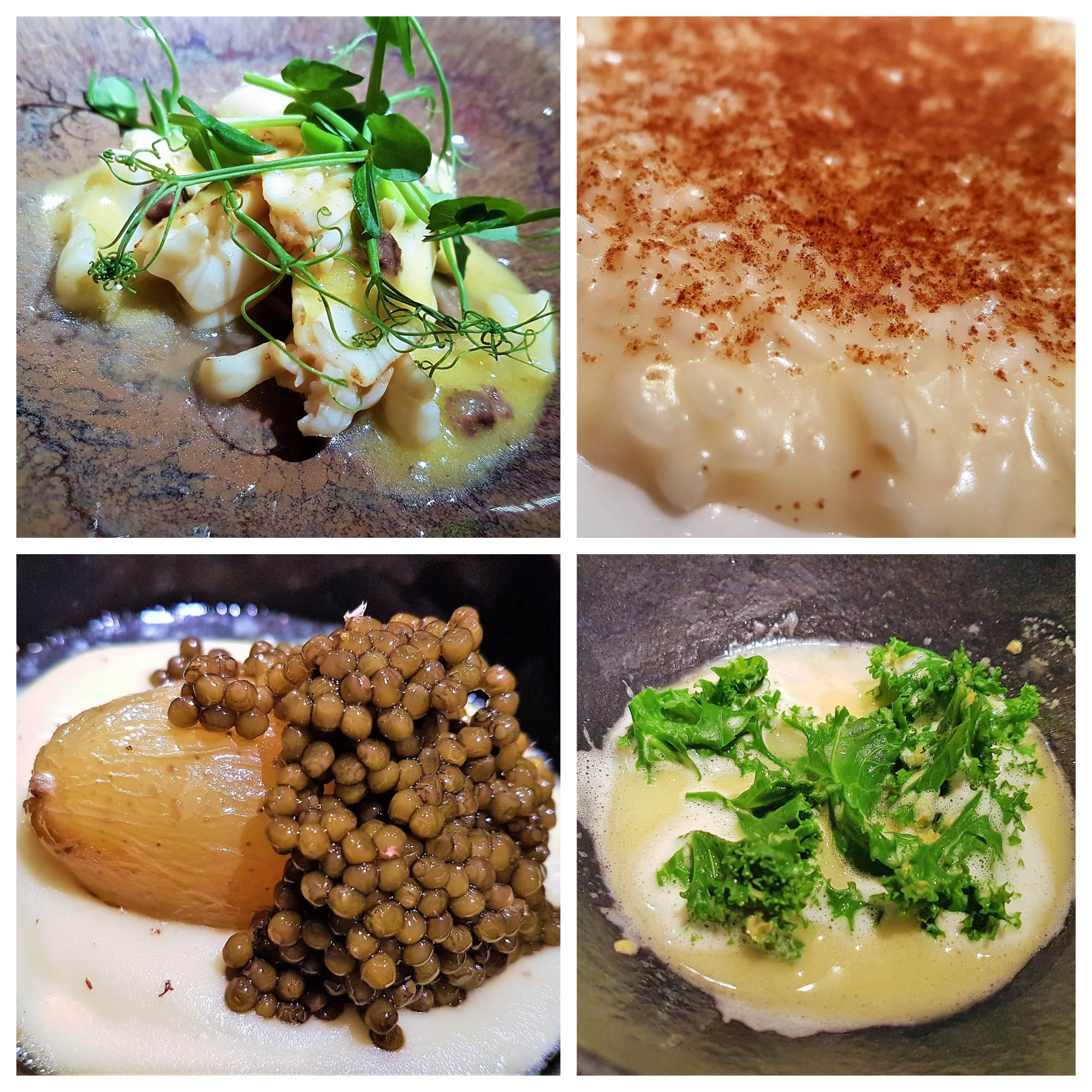 Espardeñas. Risotto. Papas. Kale. Cena de las nuevs entradas en la lista Top 100+ OAD. Londres. UK. Fotos: xavier Agulló.