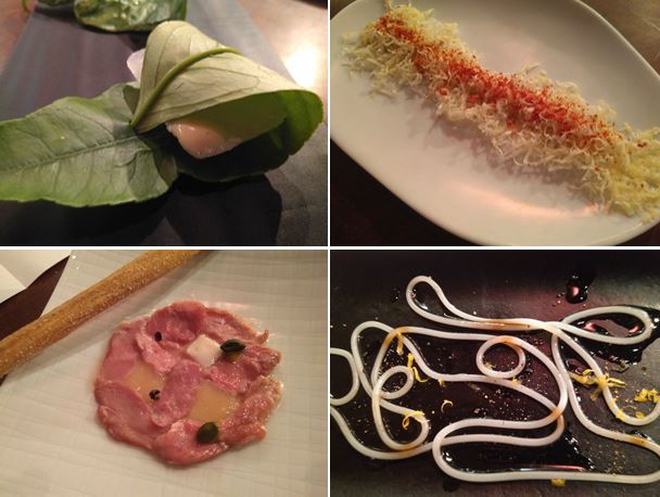 Diurético chino con espárrago, miel y limón; la Philopizza; Mortadela di Barcelogna, y Spaghetti parmesano. 4 manos Albert Raurich - Massimo Bottura