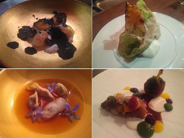 Gnocci di Bob Noto; La parte crujiente de la lasaña; Tortellini in brodo vs sopa de won ton, y Pichón camuflado con albóndigas de perdiz. 4 manos Albert Raurich - Massimo Bottura