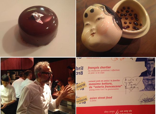 Tarta de setas, becada y chocolate; Viva Módena y su vinagre, Massimo Bottura, y la firma de éste en el cartel del aniversario de dos palillos. 4 manos Albert Raurich - Massimo Bottura