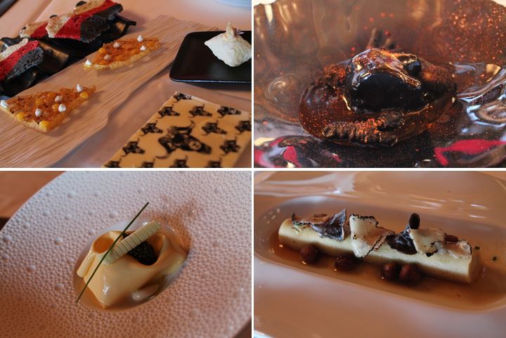 Aperitivos, pulpo mimético, huevo con caviar sobre puré de coliflor y mantequilla de cebollino, y garbanzos y patata violeta. Akelarre. San Sebastián