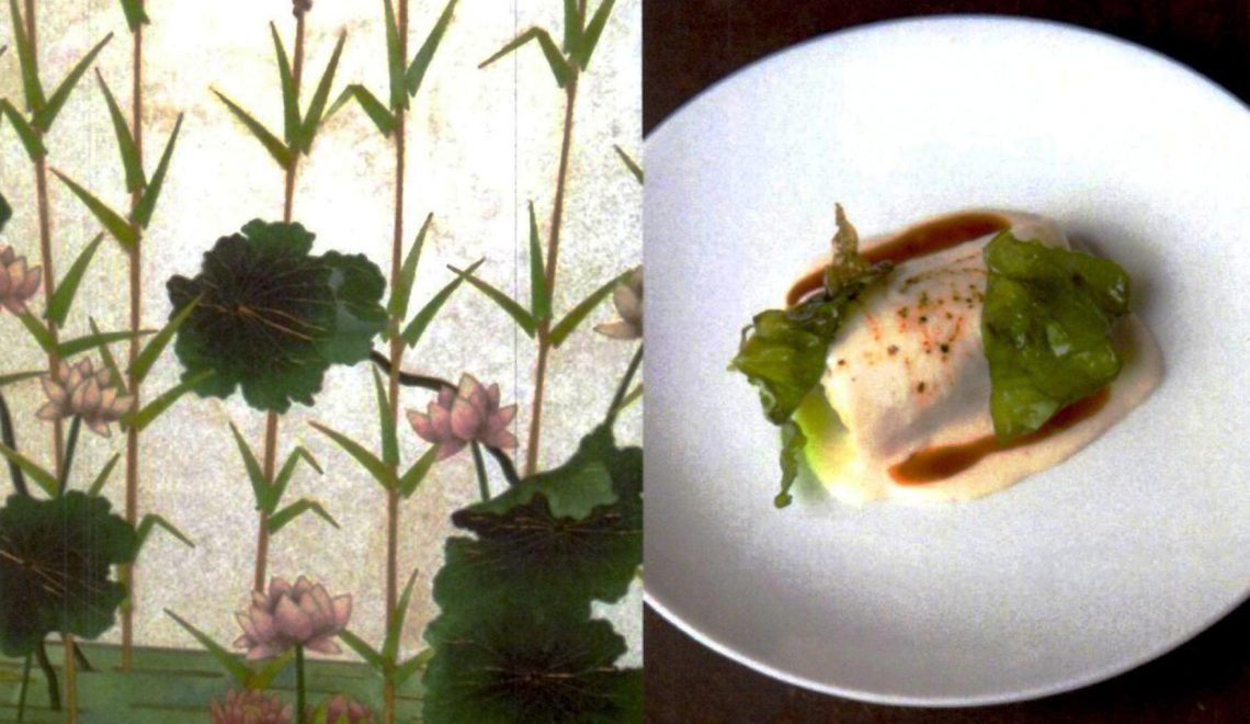 Fragmento del biombo de nenúfares modernista de Frederic Vidal y el plato Espinacas crujientes acompañadas de canelón de junio del 2016. foto: Jordan