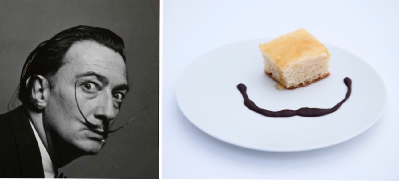 Retrato de Dalí firmado por Philippe Halsman junto con plato Bigotes de chocolate con bizcocho de miel de Fina Puigdevall en el restaurante Oleum. Foto: Alba Danés