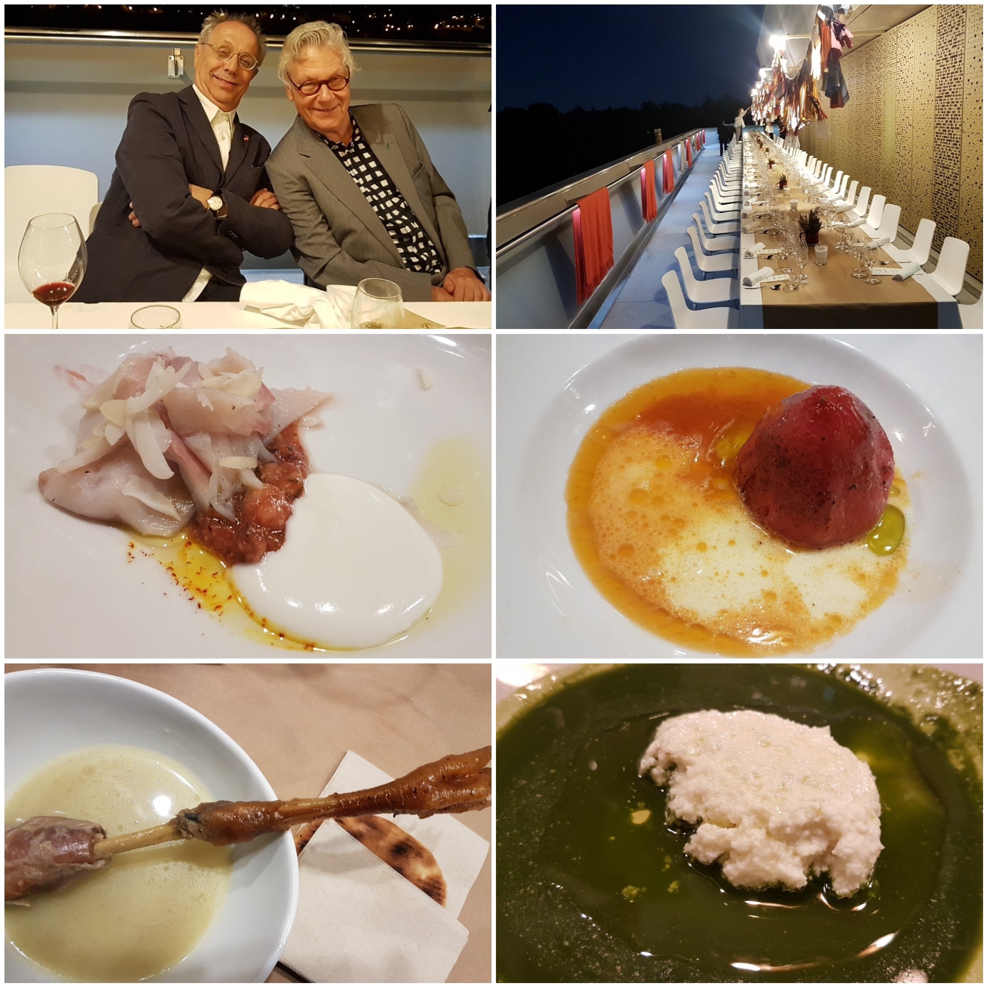 Dieter y Tommy (Berlinale). La mesa imperial de Aizega. Platos de Germán Martitegui: trucha, tomate, gallina y ricotta. Basque Culinary Center. Zinemaldia 18. Culinary Zinema. San Sebastián. Fotos: Xavier Agulló.