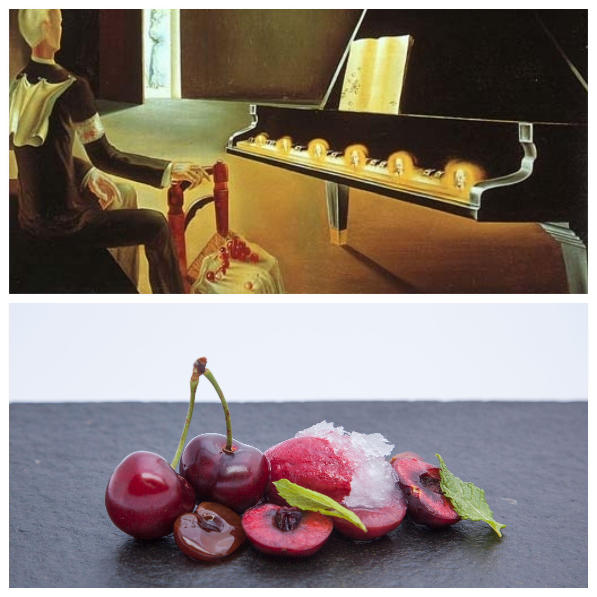 Cerezas, menta y anís de Fina Puigdevall en el restaurante Oleum. foto: Alba Danés. Y el cuadro Seis apariciones de Lenin sobre un piano de cola (1931)