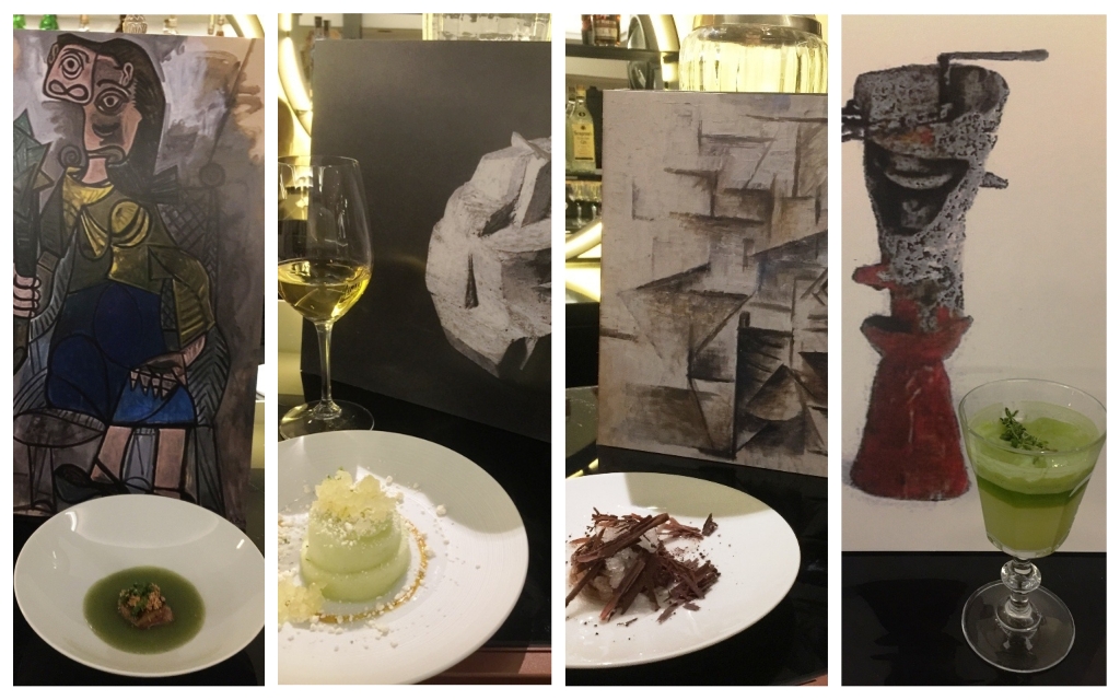 Obra de Picasso, Woman with antichoke y el plato de Marc Gascons crema de alcachofas con foie gras. Escultura Manzana (1969) con mouse de manzana verde exquisito. Obra de Picasso Le port de Cadaquès y el plato Chocolate en el mar de Marc Gascons junto al cuadro le Verre de absinthe (1915) con el cóctel verde. foto: Jordan