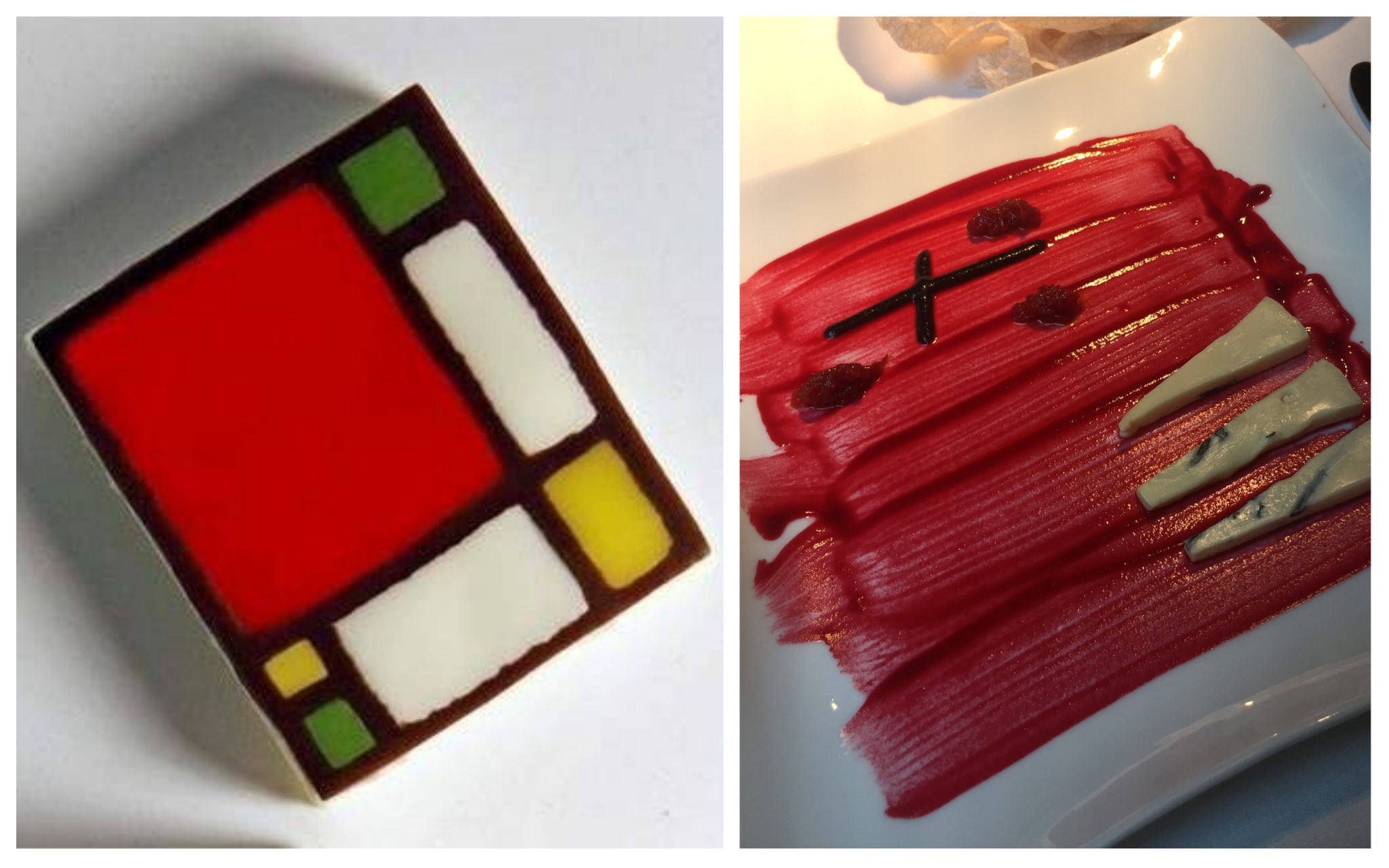 Dos platos: Bacalao Mondrian de Carme Ruscalleda y Wagner, de Raül Balam, inspirado en un cuadro de Tàpies. Foto: Ruscalleda/Jordan
