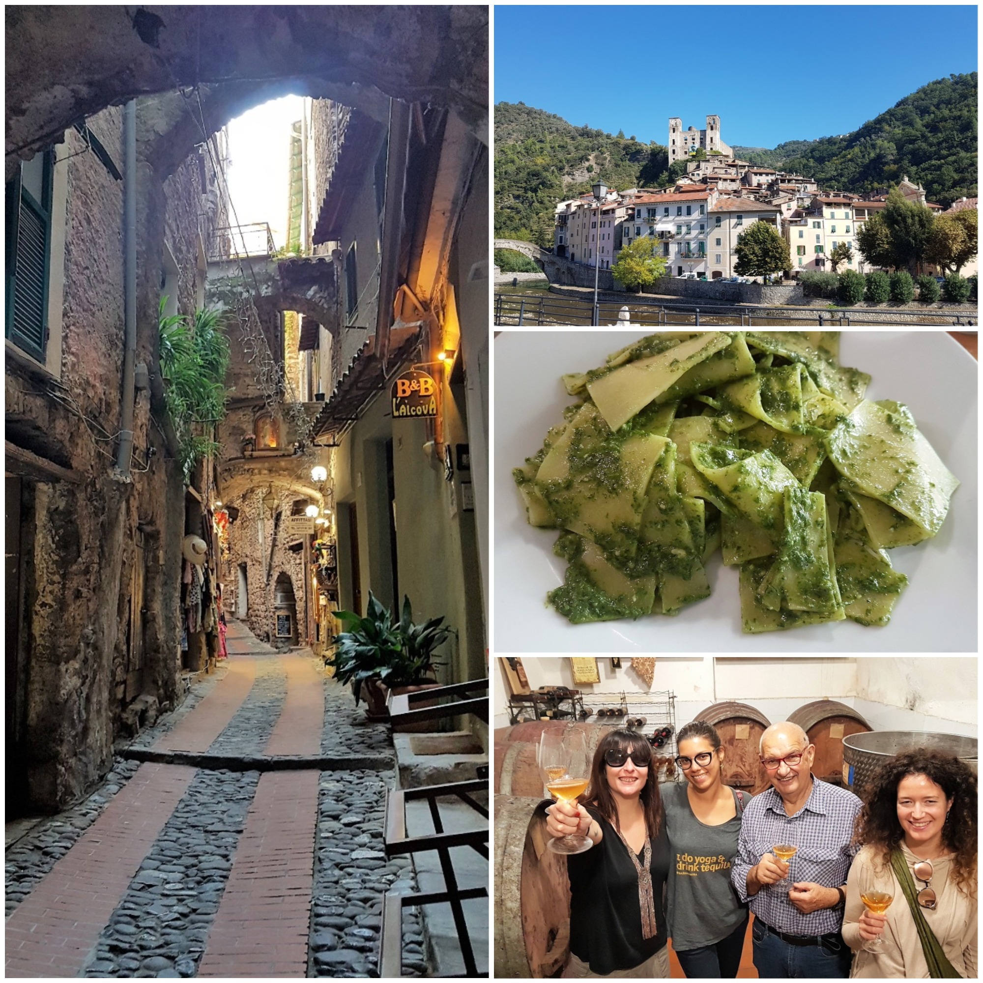Dolceacqua. El pesto de Osteria Consani (Ventimiglia). El grupo en la bodega Testa Longa (Dolceacqua). Italia. Fotos: Xavier Agulló.