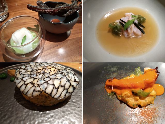 Pimiento rojo frito en tempura vegetal y las kokotxas de Sá Pesson; sopa de pescado; Calçada de bacalhau, y Carabinero, açorda y lechuga de mar. Restaurante Alma, Lisboa