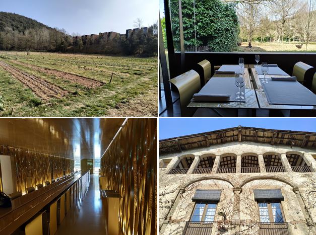 Huerto, "Comedor de las gallinas", "Sala dorada" y fachada trasera del restaurante Les Cols. olot