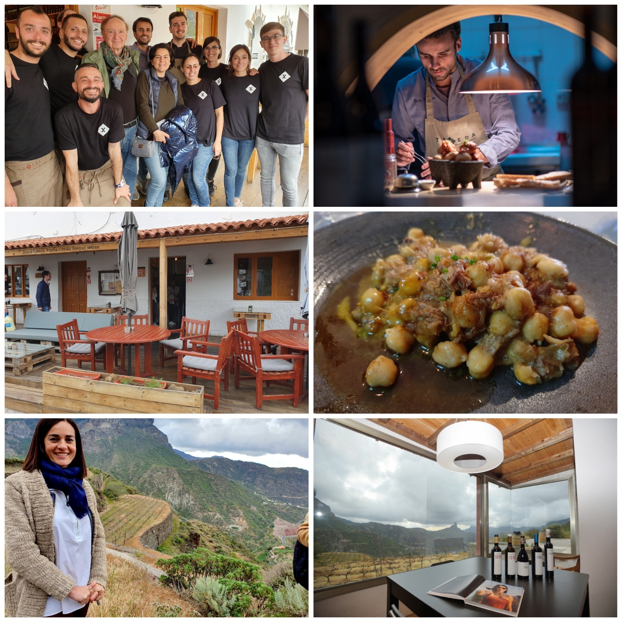 El grupo en Texeda. Borja Marrero. El restaurante. La ropa vieja. Sandra Armas, Bodegas y vistas desde la BOdega Bentayga. Tejeda. Gran Canaria.