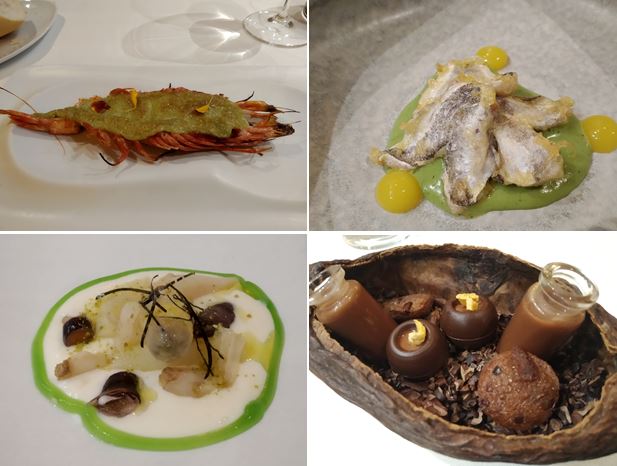 Gamba roja asada y gratinada con muselina de albahaca; "Cocokotxas", kokotxas rebozadas, judías kenia y crema de coco con hierbas; espárragos en dos texturas, y los petit fours de cacao. Restaurante íkaro. Logroño.