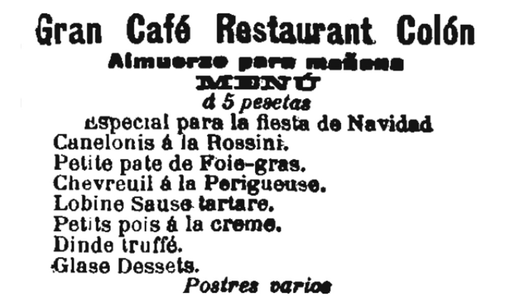 Anuncio del Gran Café-Restaurant Colón (La Libertad, Barcelona, 24 de diciembre de 1900)