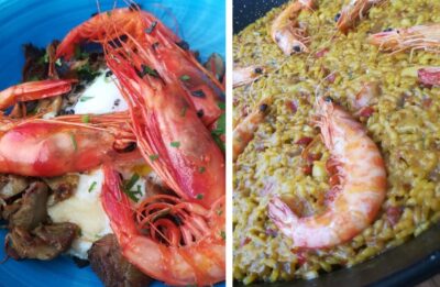 Gamba roja, huevo y alcachofas y Arroz. Rest. Pau