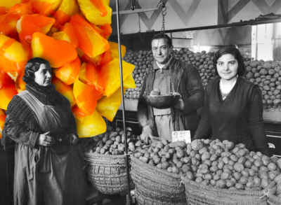 Puesto de patatas en el madrileño Mercado de la Cebada, años 30. Composición Ana Vega.