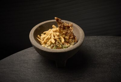 Guacamole, gamba cristal y tortillita de camarón
