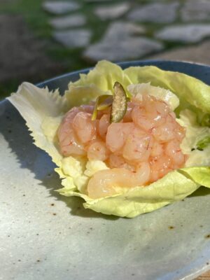 Taco de tártaro de gamba y cítricos