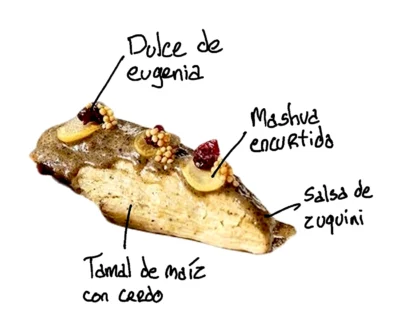 Tamal de cerdo con mashuas. Daniel Contreras en Dos Sucres. Cuenca, Ecuador.