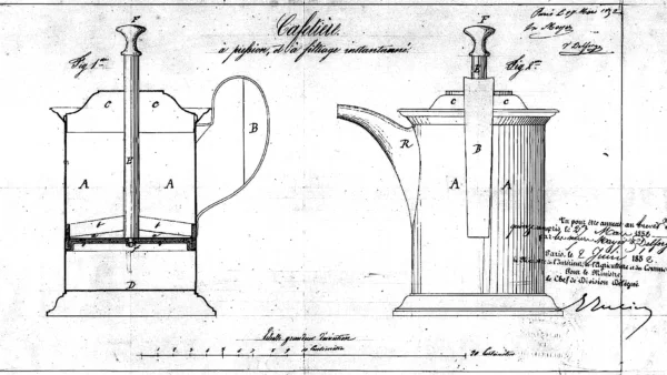 Patente de la prensa francesa presentada en 1852 por los inventores franceses Mayer and Delforg.