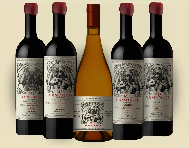 La imagen ilustra los vinos de las bodegas Mil Demonios hechos con uvas de Chile