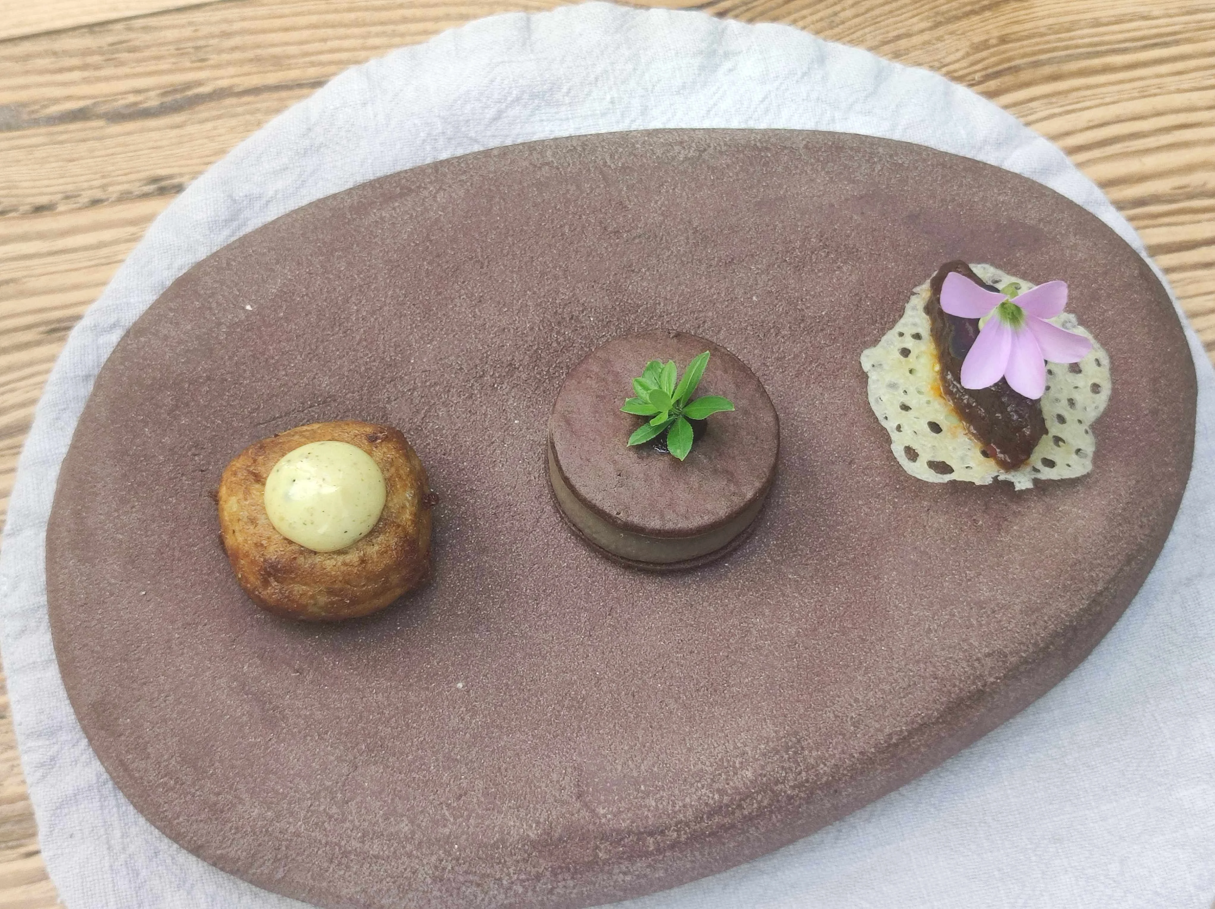 Aperitivos. Tortilla de chalotas y mayonesa de trufa, galleta de paté de paloma y tosta de cangrejo