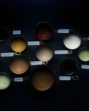 Imagen de un montón de salsas francesas en cacharritos con sus etiquetas