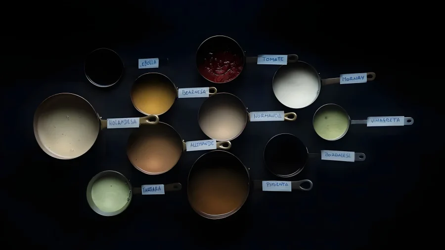 Imagen de un montón de salsas francesas en cacharritos con sus etiquetas