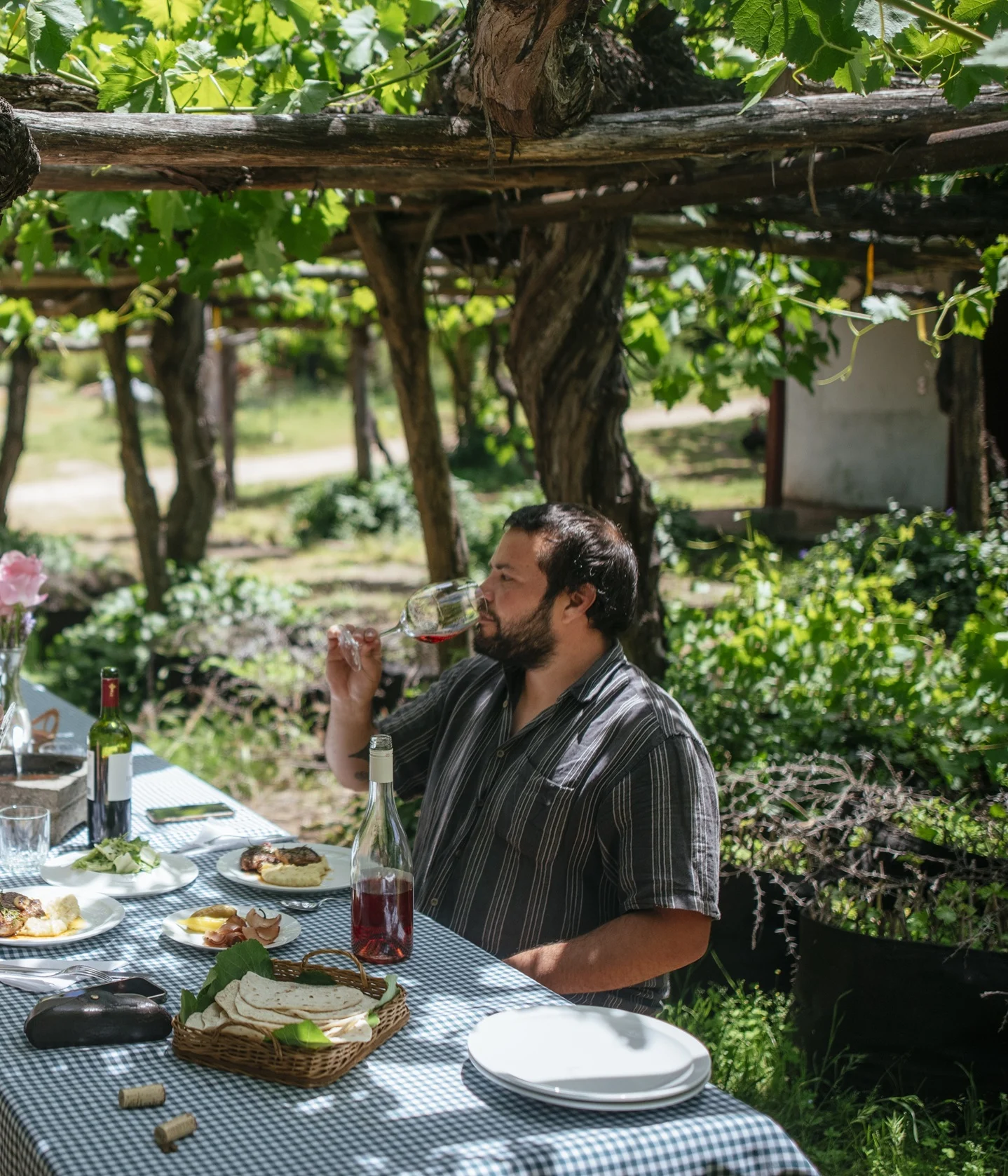 Reserva de Caliboro, Javier Russeau cata vino y come bajo una parra