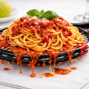 Espaguetis servidos en una raqueta de tenis